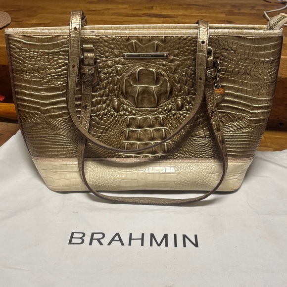 Brahmin Metallic Gold and Cream Embossed Handbag large bag with DustBag - Picture 1 of 11